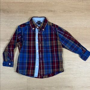 Tommy Hilfiger Boy’s Button Down Plaid Shirt - Red, Blue, and Tan Brown 2T